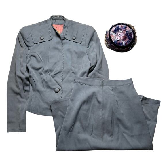 VTG Women's 40s 2 Pc Antique Blue Dress Suit Pill Box S 1940s Jacket Skirt WWII - Picture 1 of 16